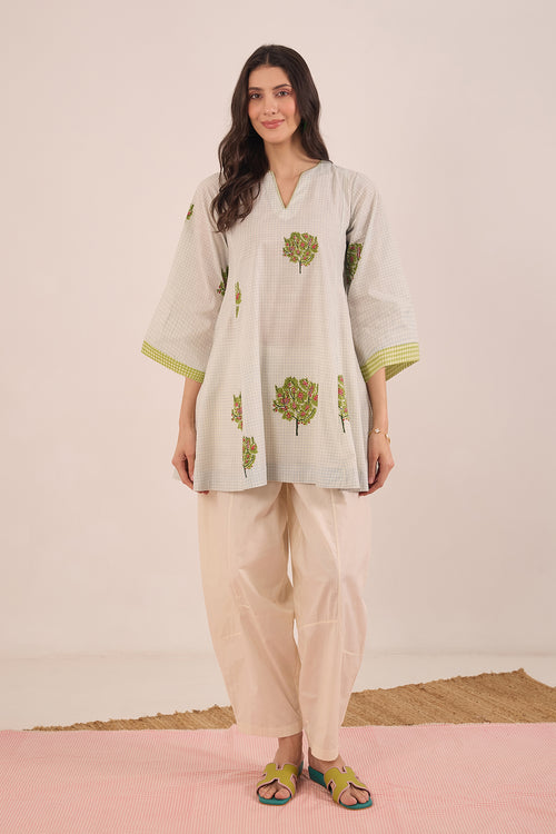 COTTON BLUE CHECK APPLE TREE V - NECK COORD SET WITH IVORY PANTS