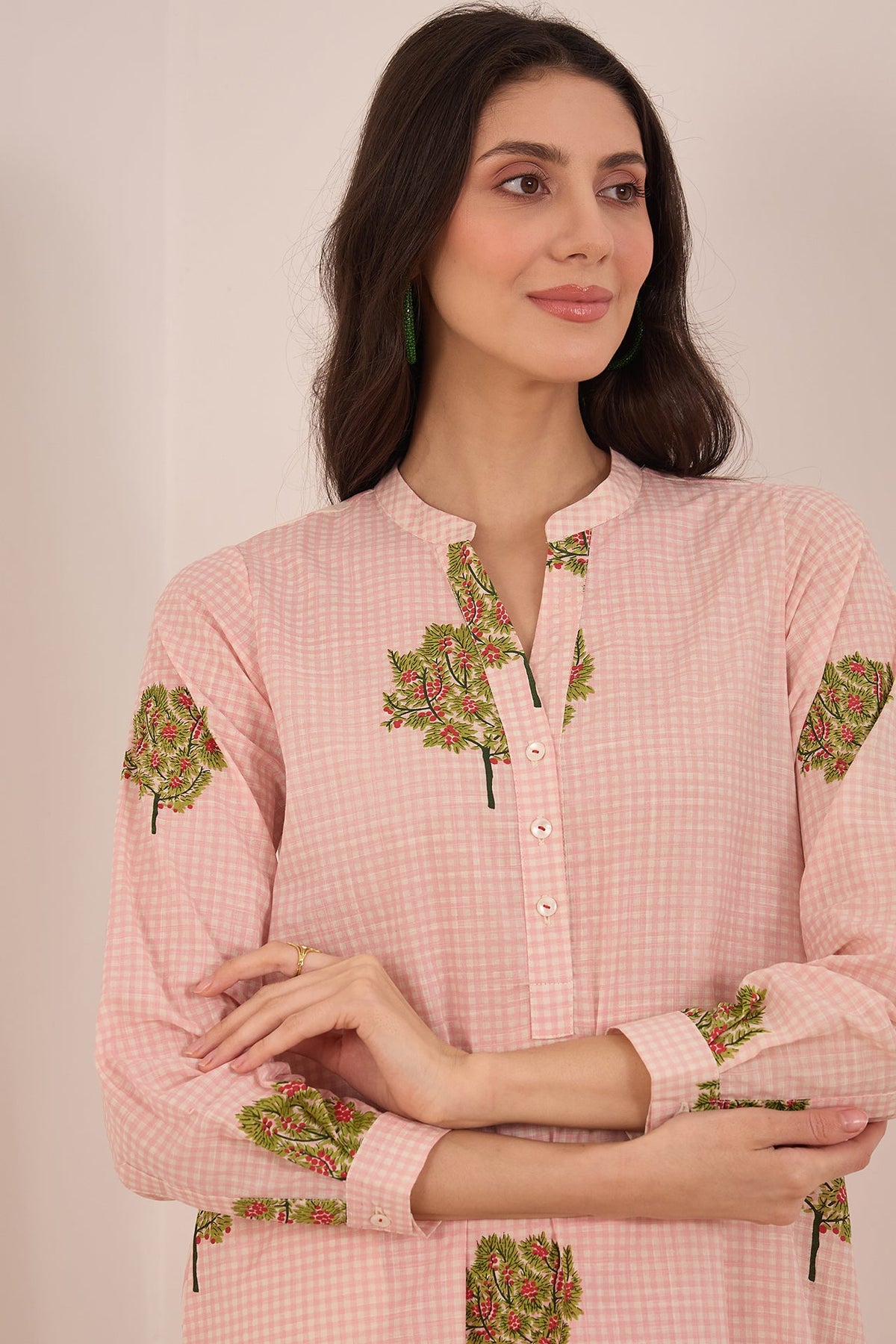 COTTON CHECK APPLE TREE TOP - PINK