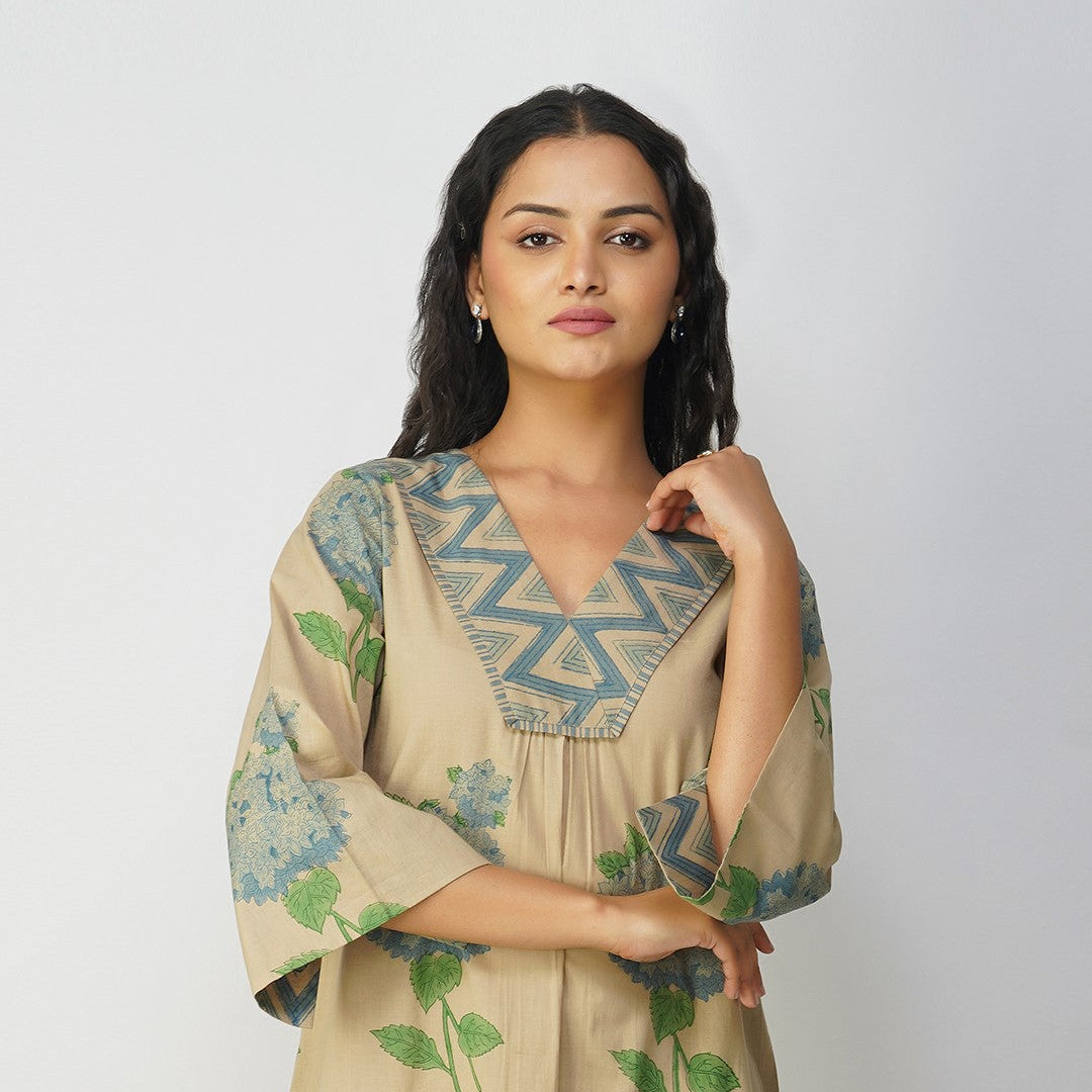 Blue Hydrangea Cotton Block Printed Kurta Set