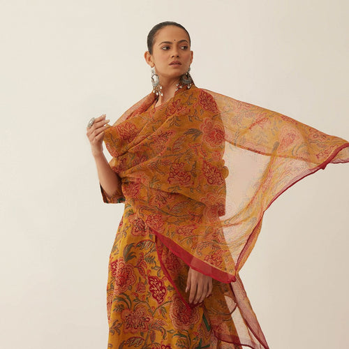 BURNT ORANGE FLORAL CHINTZ STRAIGHT KURTA WITH PANTS AND FLORAL DUPATTA