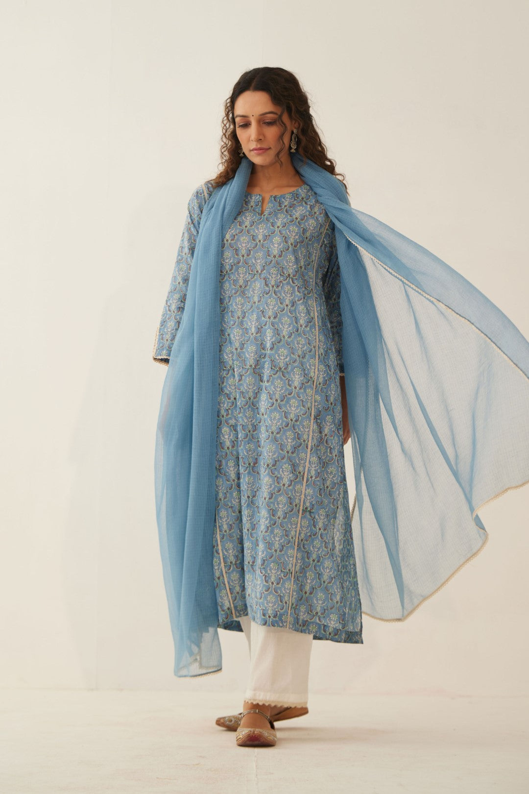 LIGHT COBALT BLUE COTTON FLORAL KURTA SET