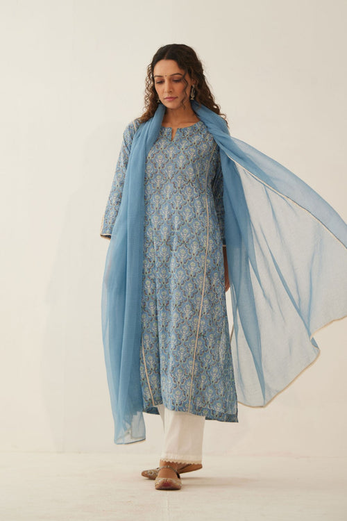 LIGHT COBALT BLUE COTTON FLORAL KURTA SET