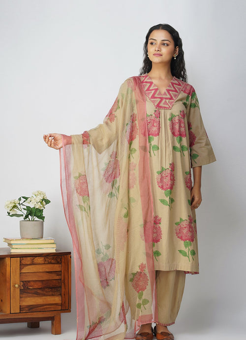 Pink Hydrangea Cotton Block Printed Kurta Set