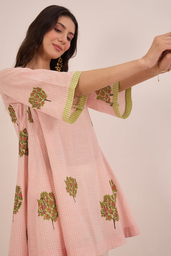 COTTON CHECK APPLE TREE V-NECK TOP - PINK