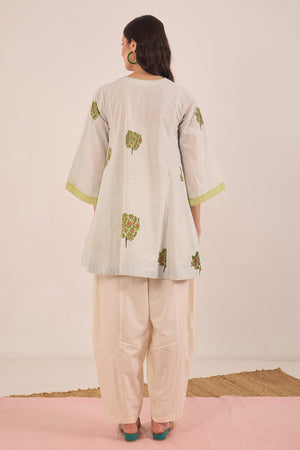 COTTON BLUE CHECK APPLE TREE V - NECK COORD SET WITH IVORY  PANTS