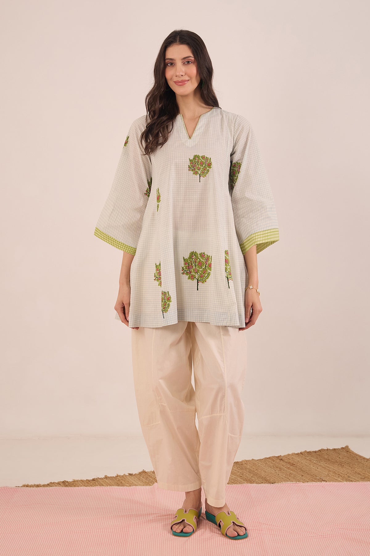 COTTON BLUE CHECK APPLE TREE V - NECK COORD SET WITH IVORY  PANTS