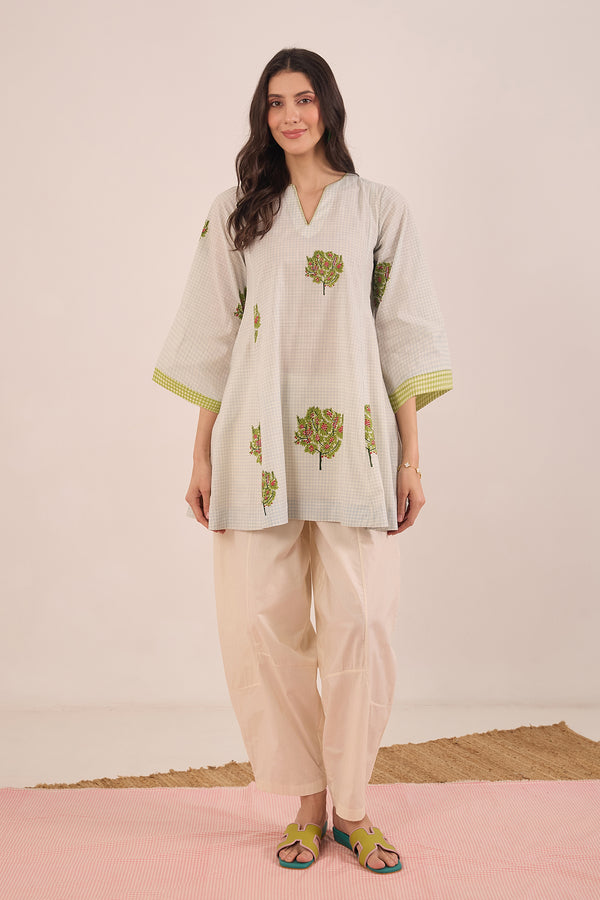 COTTON BLUE CHECK APPLE TREE V - NECK COORD SET WITH IVORY  PANTS