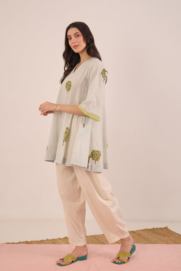 COTTON BLUE CHECK APPLE TREE V - NECK COORD SET WITH IVORY  PANTS