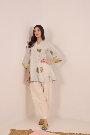 COTTON BLUE CHECK APPLE TREE V - NECK COORD SET WITH IVORY  PANTS