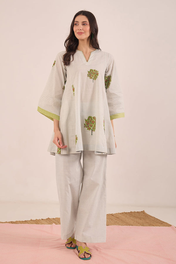 COTTON CHECK WIDE LEG PANTS - POWDER BLUE