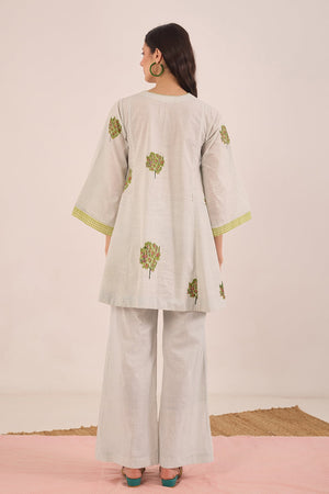 COTTON CHECK WIDE LEG PANTS - POWDER BLUE