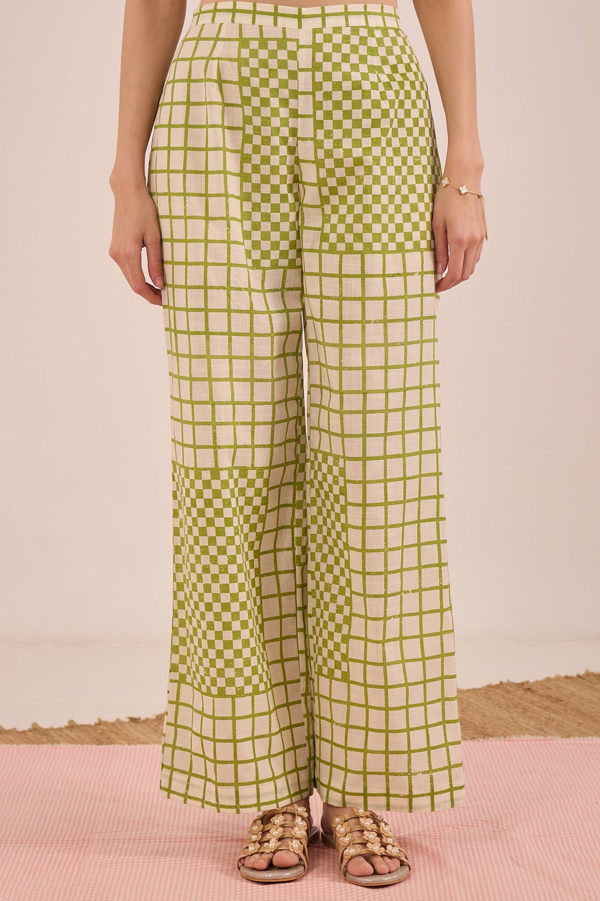 COTTON CHECK WIDE LEG PANTS - IVORY AND GREEN