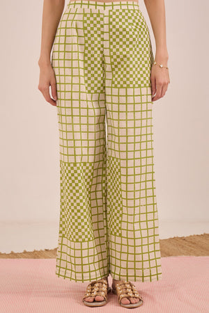 COTTON CHECK WIDE LEG PANTS - IVORY AND GREEN