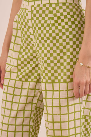 COTTON CHECK WIDE LEG PANTS - IVORY AND GREEN