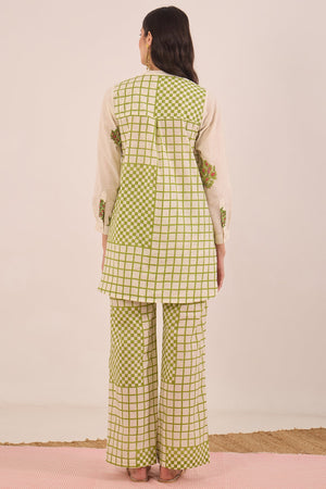 COTTON CHECK WIDE LEG PANTS - IVORY AND GREEN
