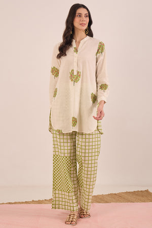 COTTON APPLE TREE TUNIC WITH CHECK WIDE LEG PANTS  COORD SET - IVORY