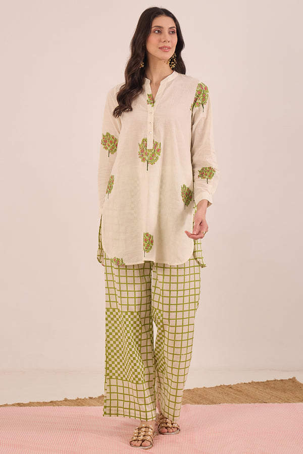 COTTON APPLE TREE TUNIC WITH CHECK WIDE LEG PANTS  COORD SET - IVORY