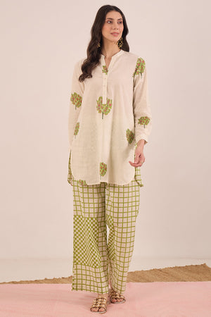 COTTON CHECK WIDE LEG PANTS - IVORY AND GREEN