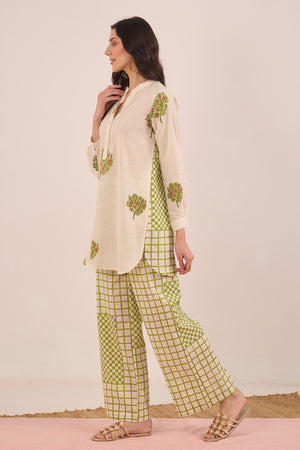 COTTON APPLE TREE TUNIC WITH CHECK WIDE LEG PANTS  COORD SET - IVORY