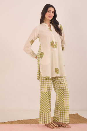 COTTON APPLE TREE TUNIC WITH CHECK WIDE LEG PANTS  COORD SET - IVORY