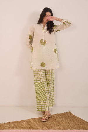 COTTON APPLE TREE TUNIC WITH CHECK WIDE LEG PANTS  COORD SET - IVORY