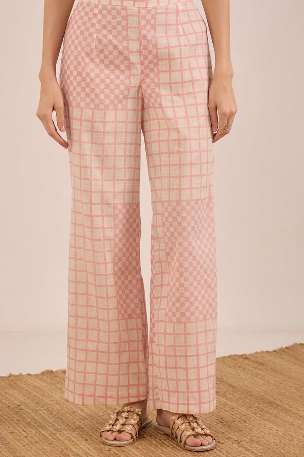 COTTON CHECK WIDE LEG PANTS - PINK