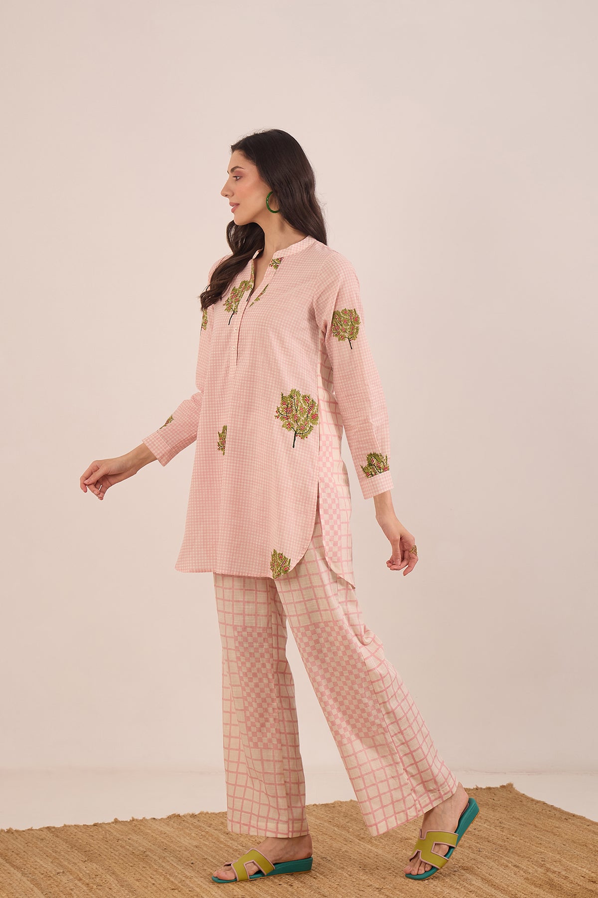 COTTON CHECK APPLE TREE TOP WITH WIDE LEG CHECK PANTS COORD SET