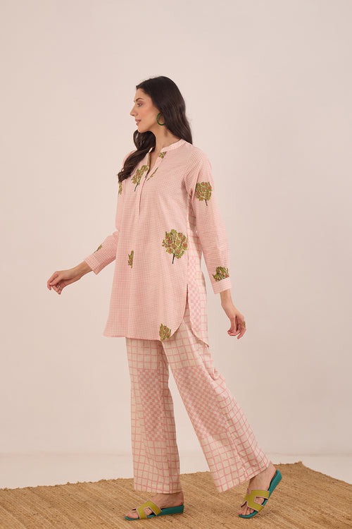 COTTON CHECK APPLE TREE TOP WITH WIDE LEG CHECK PANTS COORD SET