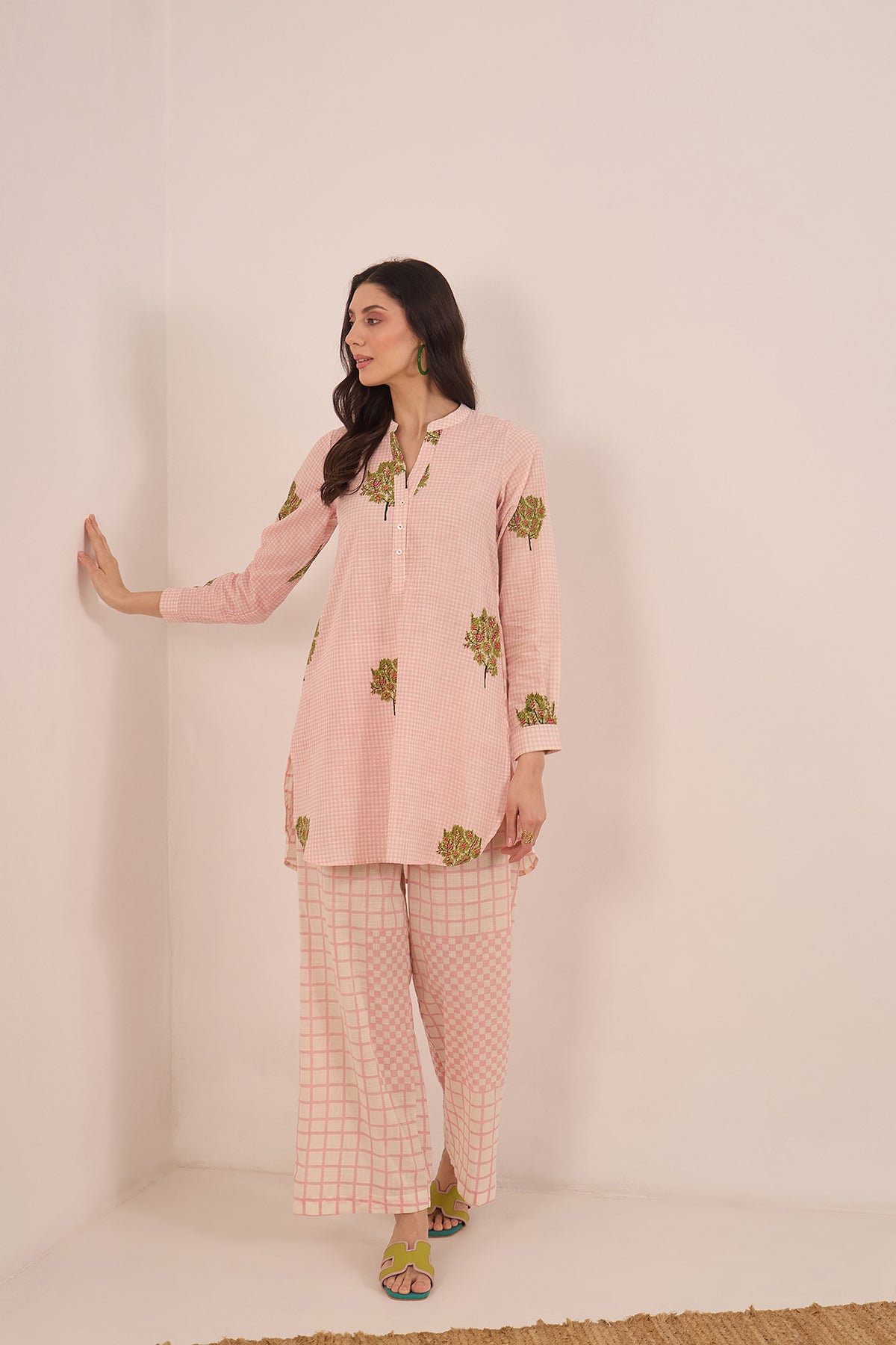 COTTON CHECK APPLE TREE TOP WITH WIDE LEG CHECK PANTS COORD SET