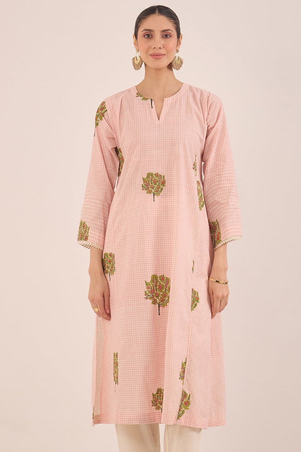 COTTON CHECK APPLE TREE KURTA - PINK