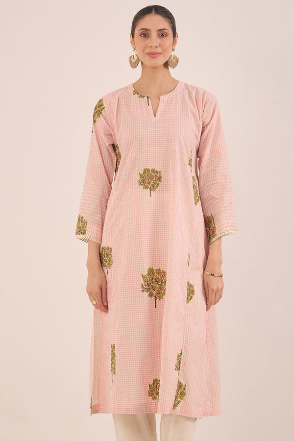 COTTON CHECK APPLE TREE KURTA - PINK
