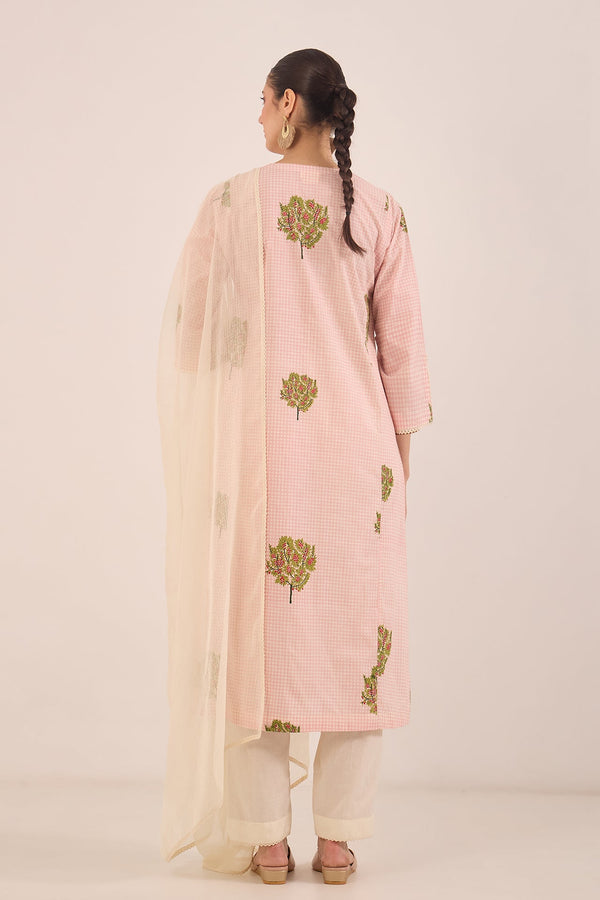 COTTON CHECK APPLE TREE KURTA - PINK