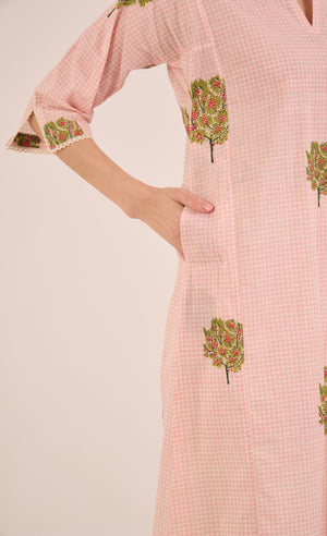 COTTON CHECK APPLE TREE KURTA SET - PINK