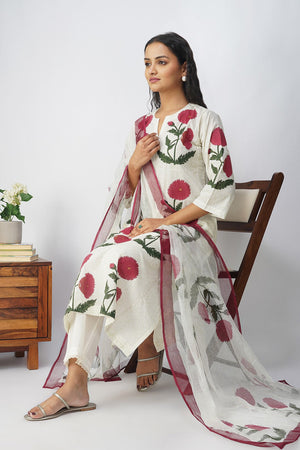 White Floral Block Print Dupatta