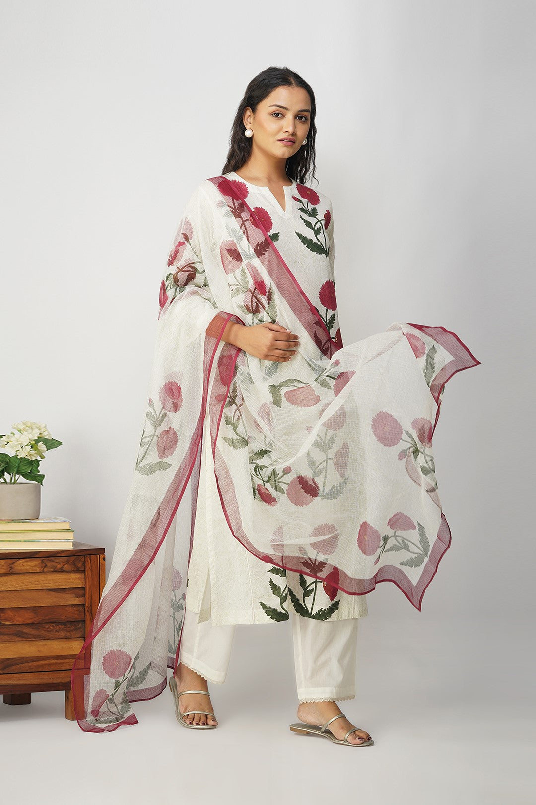 White Floral Block Printed Kali Kurta Set
