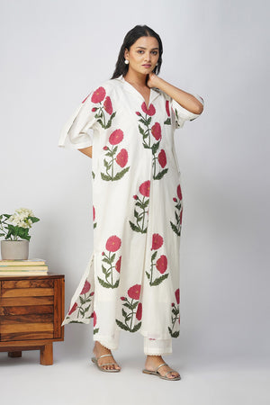 White Kaftan with Pink Floral Print and Slip With Lace Pants