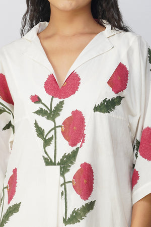 White Kaftan with Pink Floral Print and Slip With Lace Pants
