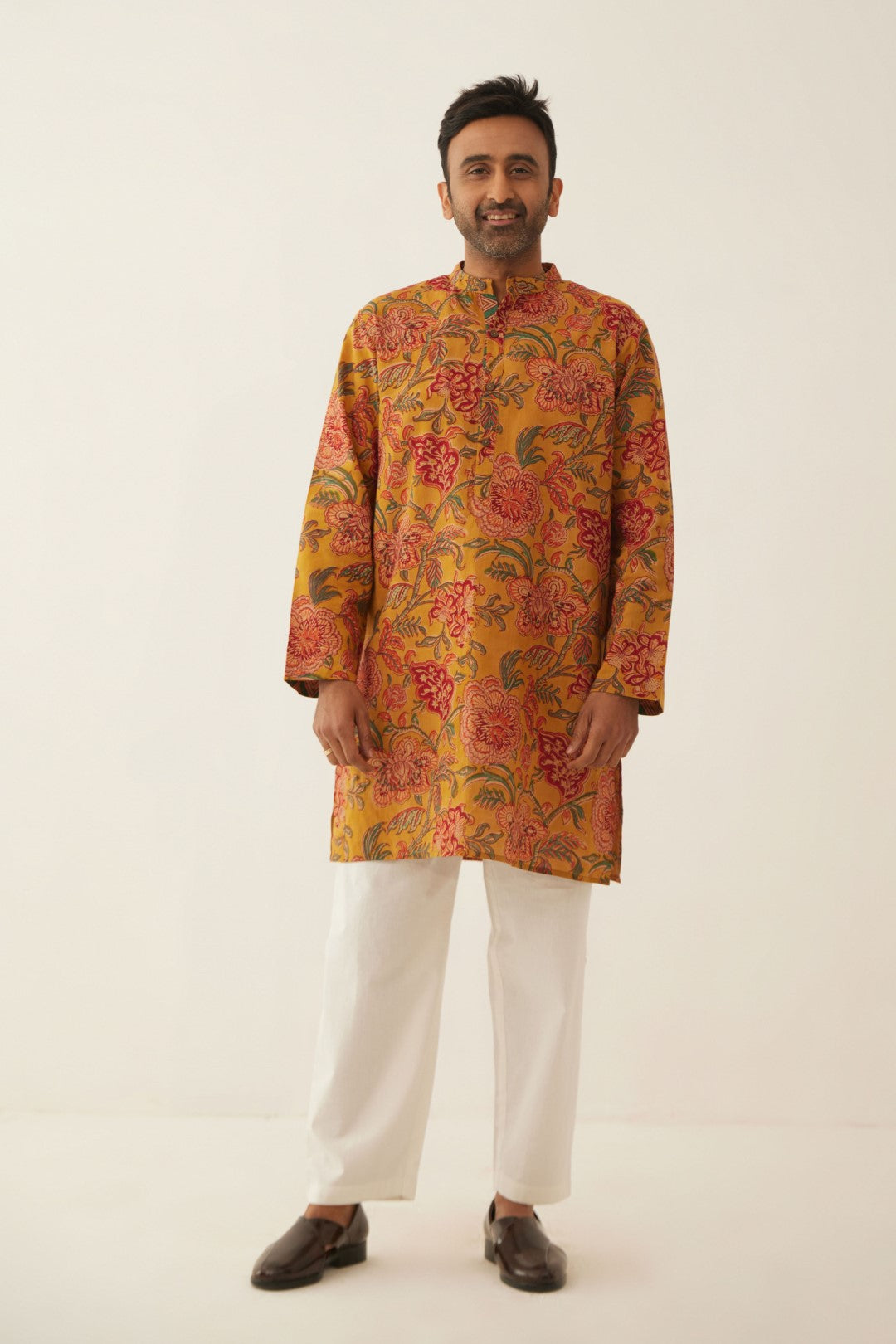 BURNT ORANGE FLORAL CHINTZ MEN SHORT KURTA WITH WHITE COTTON PANTS