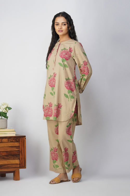 Pink Hydrangea Block Printed Tunic With Floral Pants