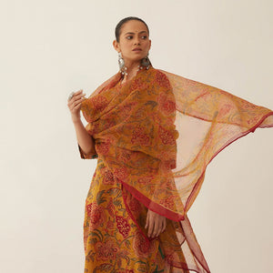 BURNT ORANGE FLORAL CHINTZ STRAIGHT KURTA WITH PANTS AND FLORAL DUPATTA
