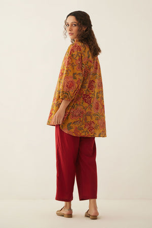 BURNT ORANGE FLORAL CHINTZ COTTON SHIRT WITH MAROON COTTON PANTS
