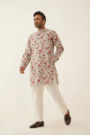 IVORY FLORAL CHINTZ MENS SHORT KURTA WITH WHITE COTTON PANTS