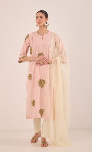 COTTON CHECK APPLE TREE KURTA SET - PINK