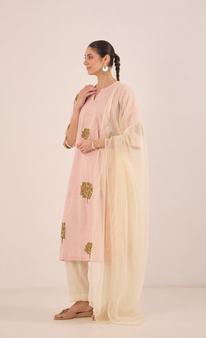 COTTON CHECK APPLE TREE KURTA SET - PINK