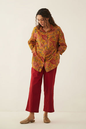 BURNT ORANGE FLORAL CHINTZ COTTON SHIRT WITH MAROON COTTON PANTS