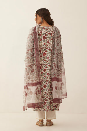 IVORY COTTON CHINTZ FLORAL KURTA WITH COTTON PANTS AND FLORAL DUPATTA