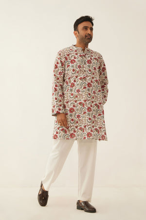 IVORY FLORAL CHINTZ MENS SHORT KURTA WITH WHITE COTTON PANTS