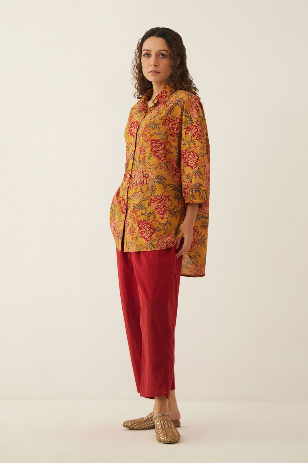 BURNT ORANGE FLORAL CHINTZ COTTON SHIRT WITH MAROON COTTON PANTS