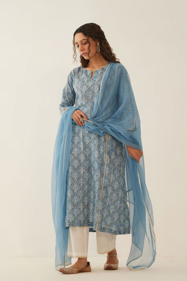 LIGHT COBALT BLUE COTTON FLORAL KURTA SET