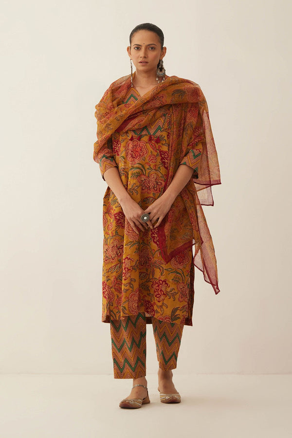 BURNT ORANGE CHINTZ AND CHEVRON STRAIGHT KURTA
